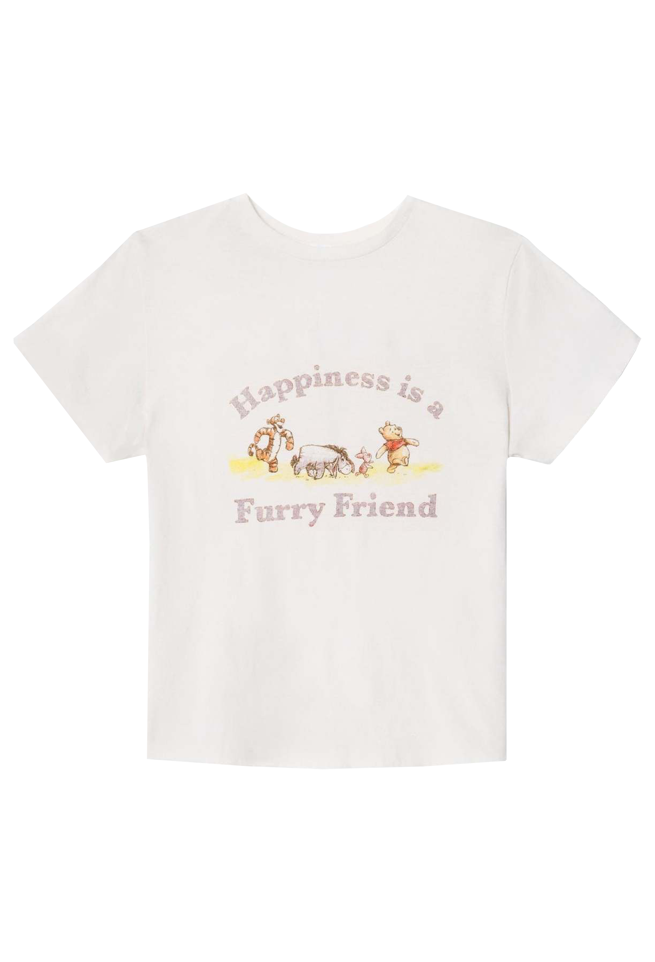A white short-sleeve crewneck t-shirt featuring a cartoon Winnie the Pooh graphic with the text 'Happiness is a Furry Friend' in a dusty pink font.