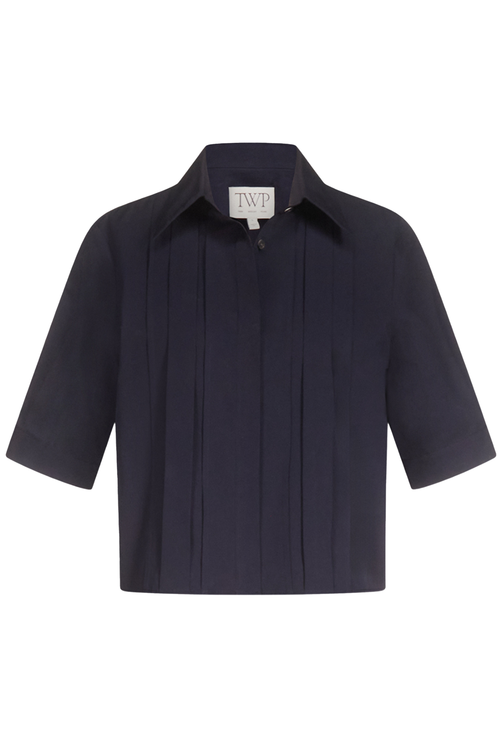 A dark navy blue short-sleeve collared shirt with vertical pleats on the front, displayed against a solid white background.