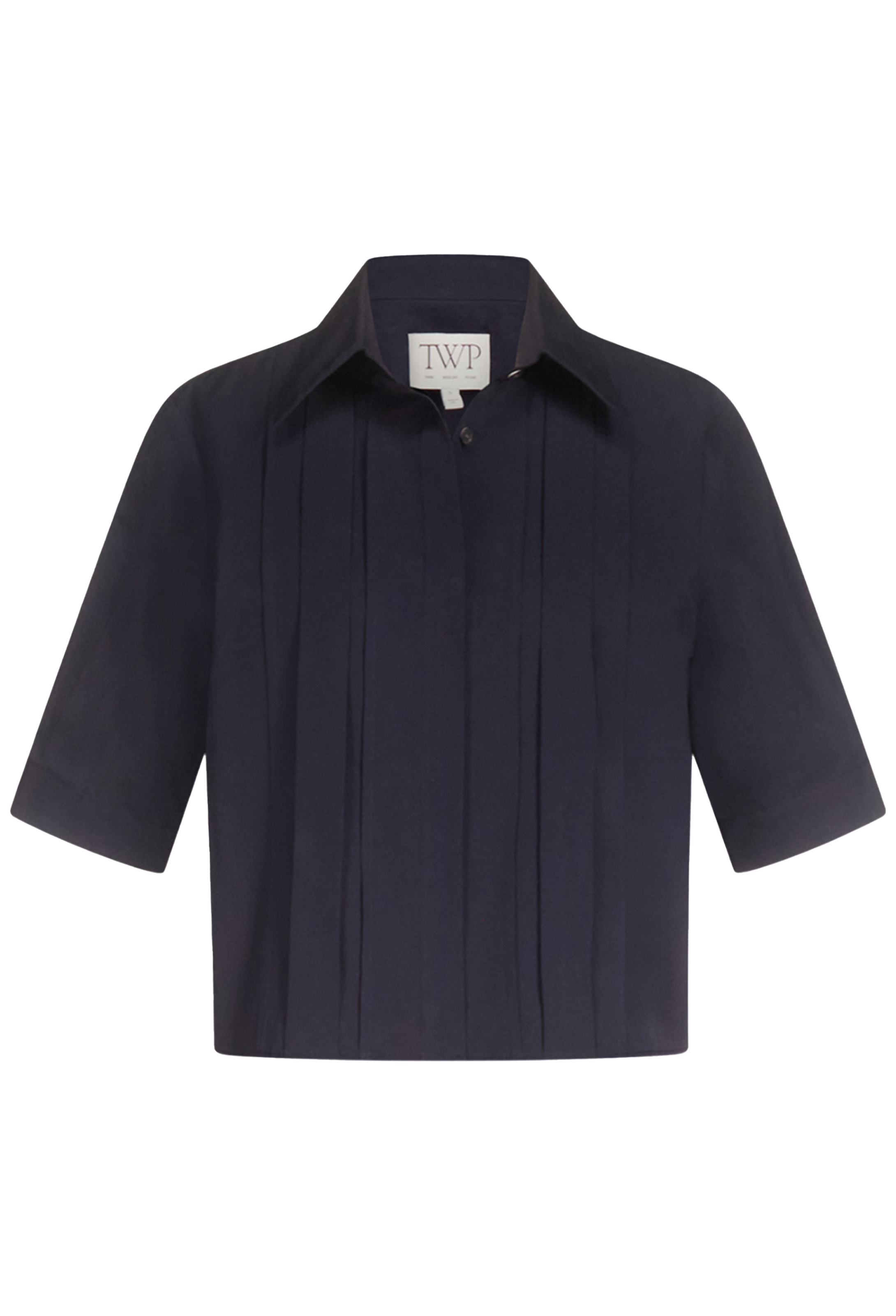 A dark navy blue short-sleeve collared shirt with vertical pleats on the front, displayed against a solid white background.