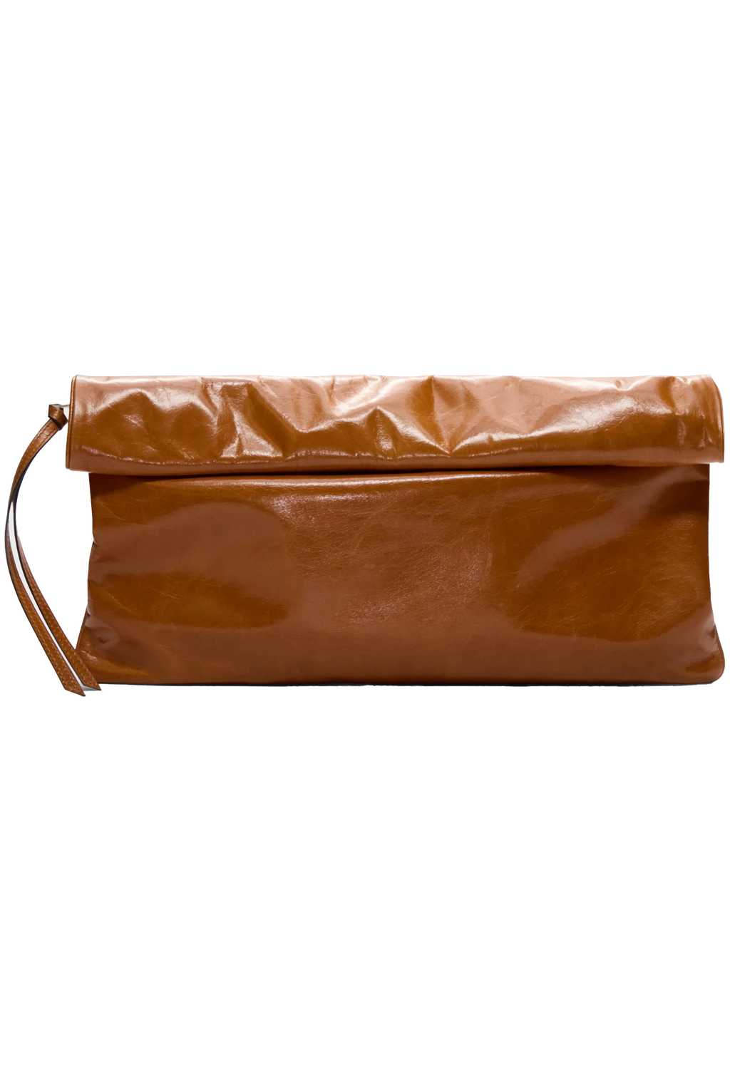 A glossy cognac brown leather clutch bag with a fold-over flap and a small leather strap detail on the left, shown against a plain white background.