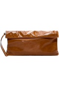 A glossy cognac brown leather clutch bag with a fold-over flap and a small leather strap detail on the left, shown against a plain white background.