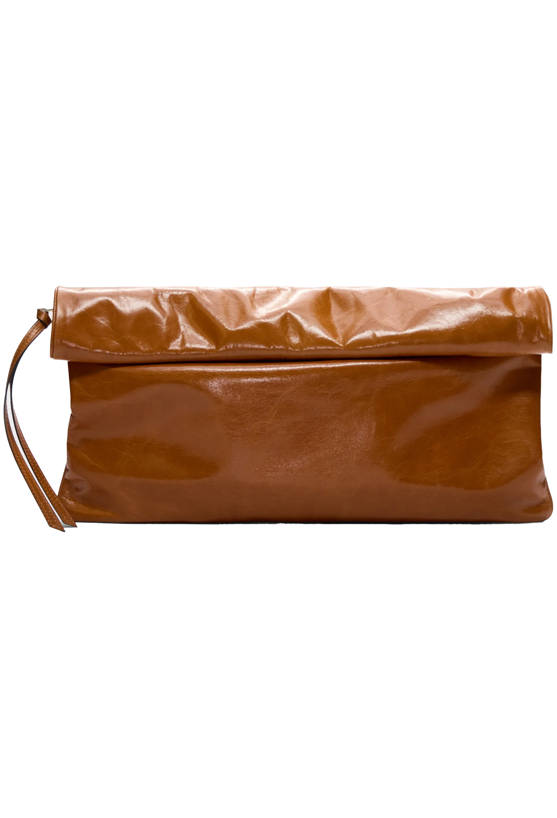 A glossy cognac brown leather clutch bag with a fold-over flap and a small leather strap detail on the left, shown against a plain white background.