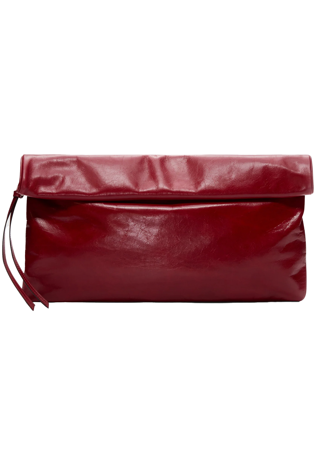 A glossy deep red leather clutch bag with a fold-over flap and a small leather strap detail on the left, shown against a plain white background.