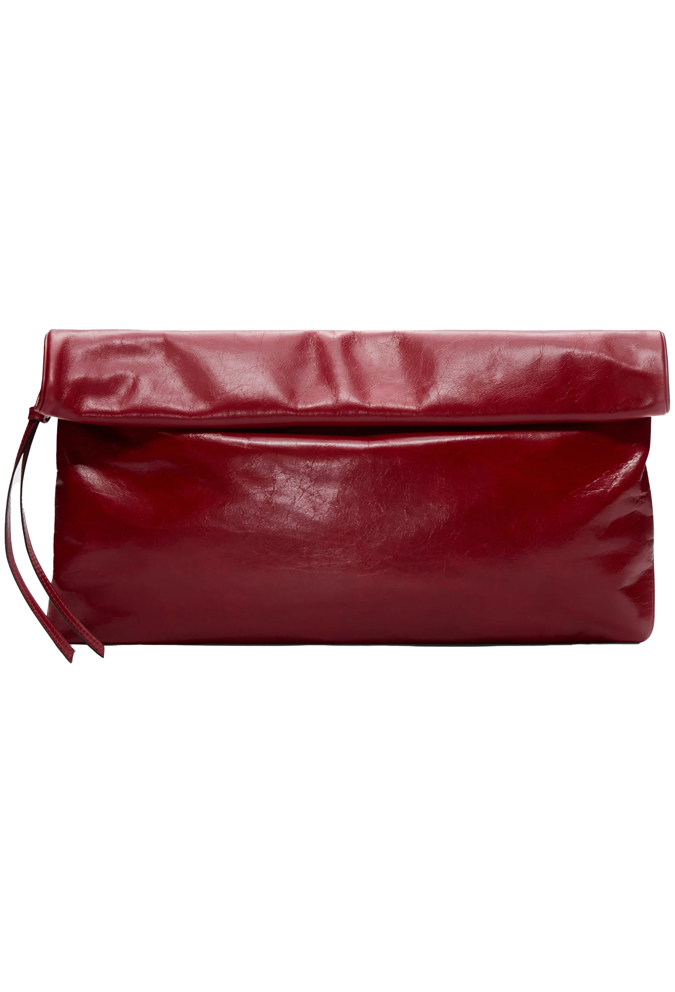 A glossy deep red leather clutch bag with a fold-over flap and a small leather strap detail on the left, shown against a plain white background.