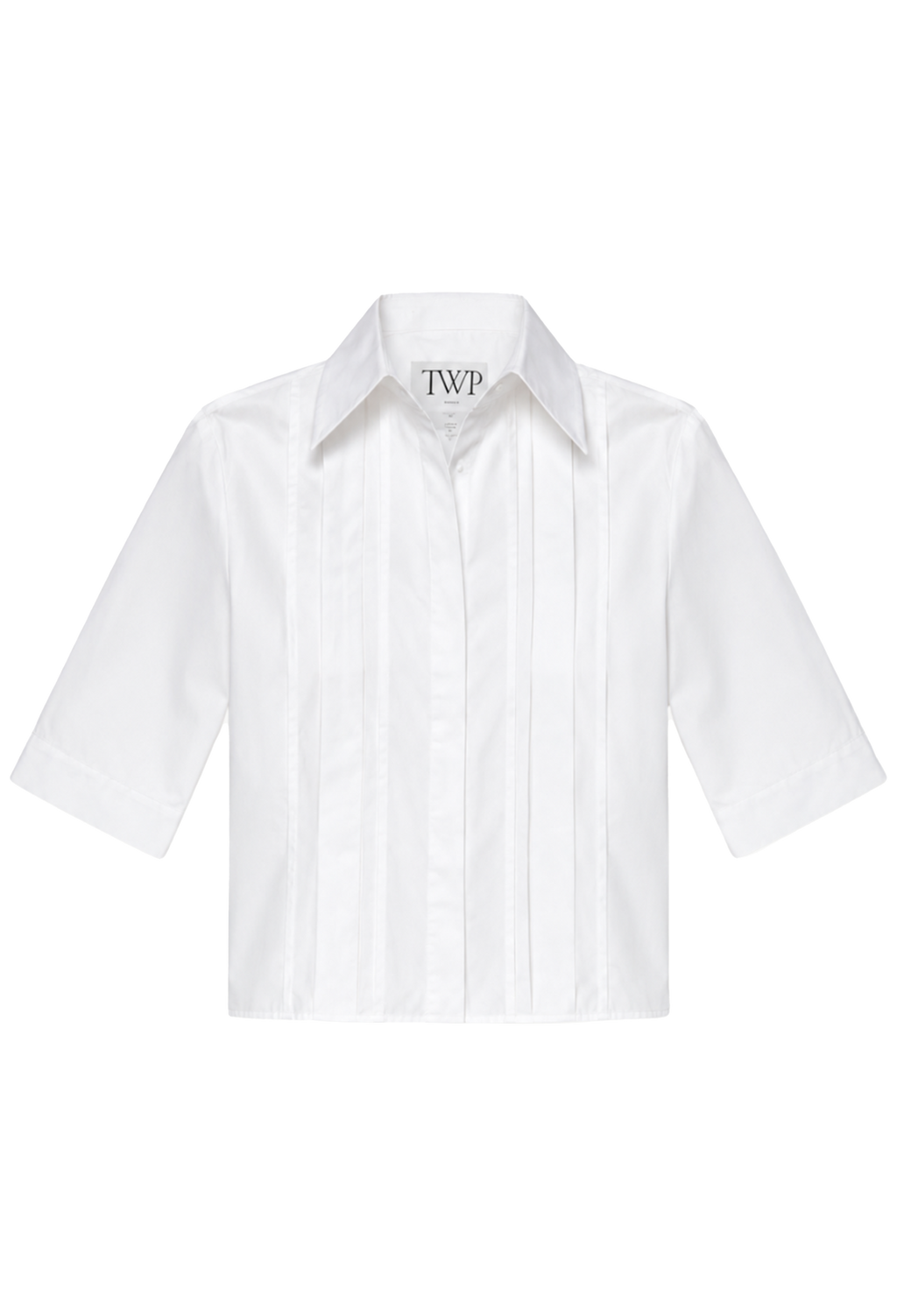 A white short-sleeve button-up shirt with vertical pleats on the front, displayed flat against a solid white background. 