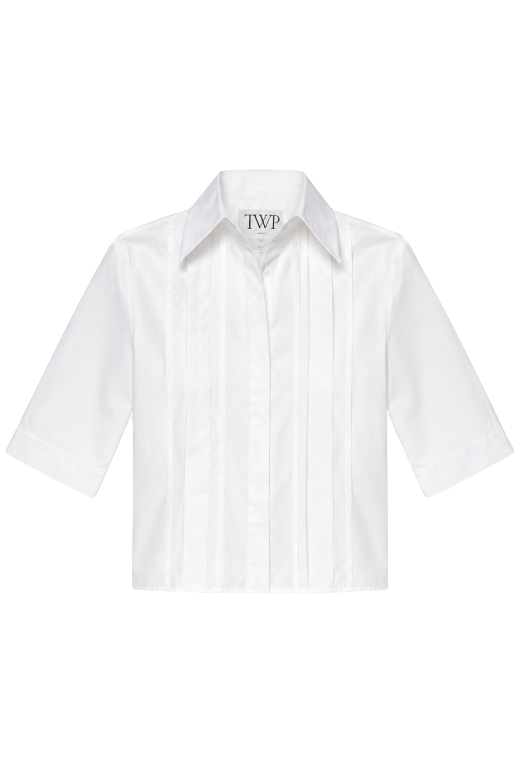 A white short-sleeve button-up shirt with vertical pleats on the front, displayed flat against a solid white background. 