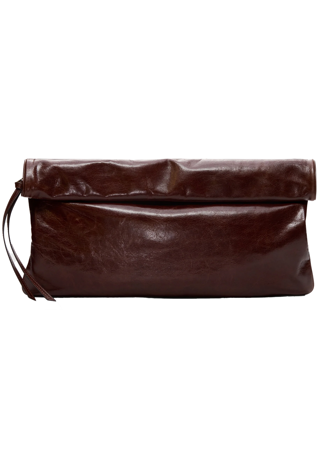 A dark brown leather clutch bag with a fold-over flap and a small leather strap detail on the left, shown against a plain white background.