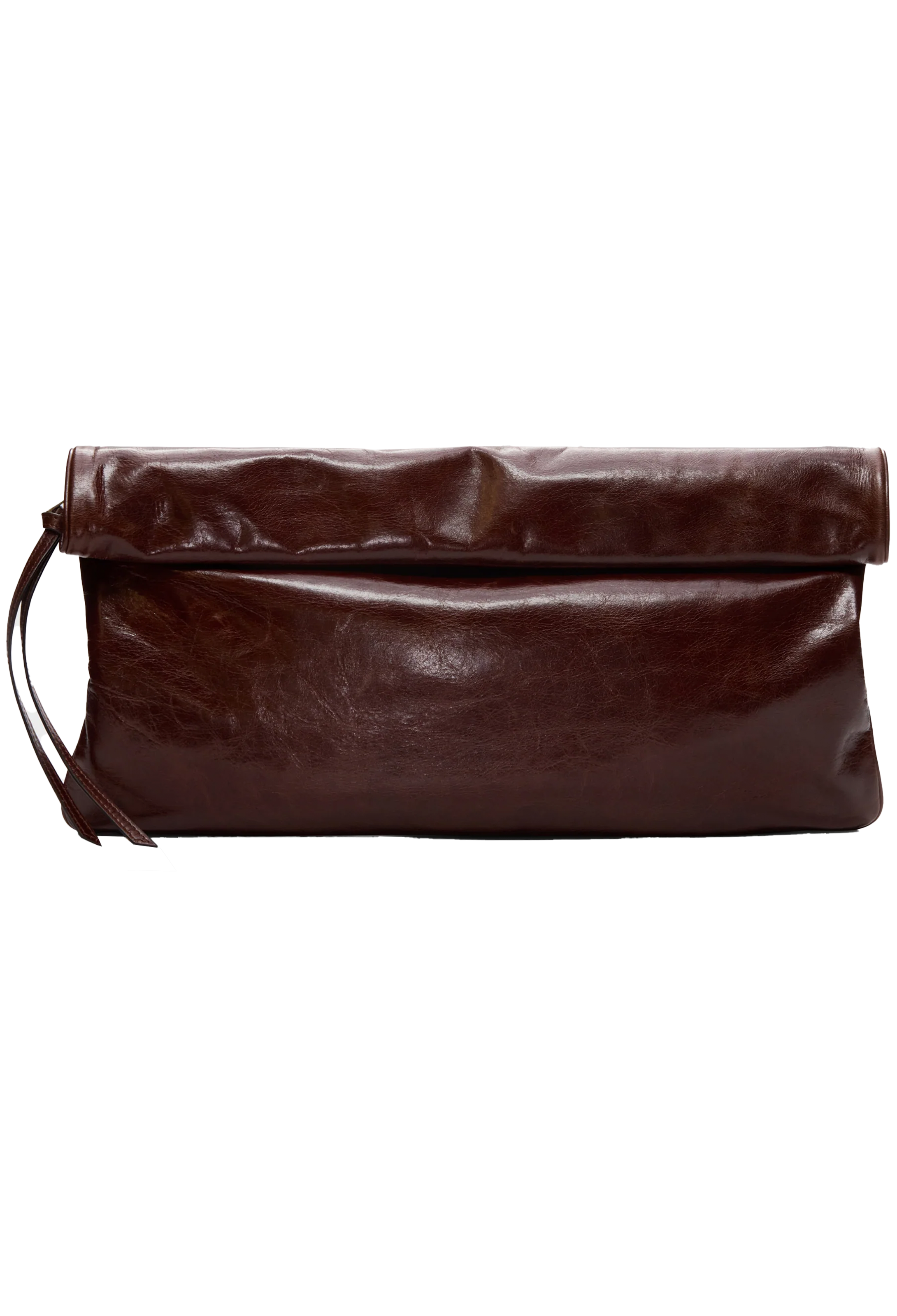A dark brown leather clutch bag with a fold-over flap and a small leather strap detail on the left, shown against a plain white background.