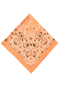 An orange bandana with a classic paisley pattern in cream and black, folded and displayed on a solid white background.