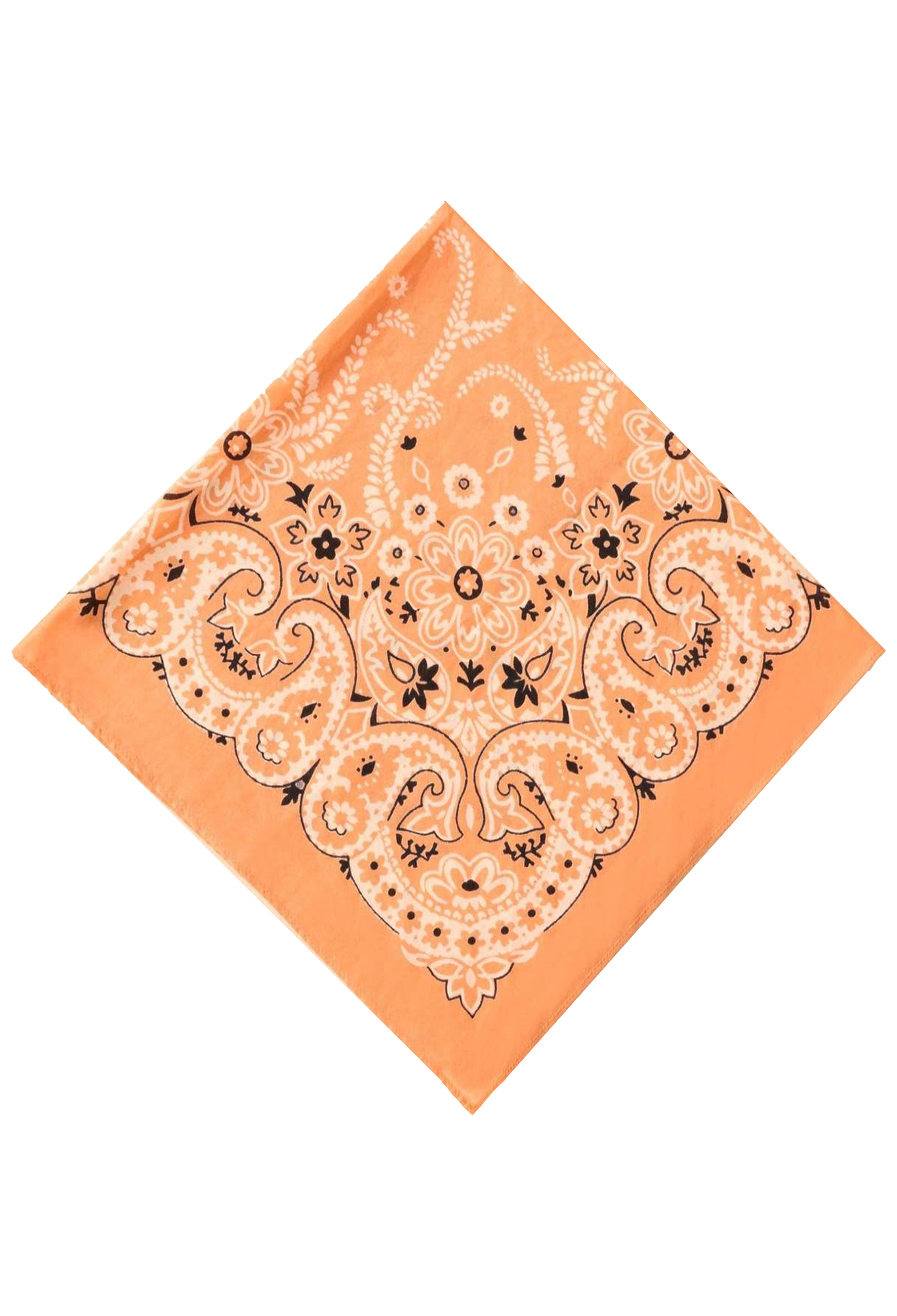 An orange bandana with a classic paisley pattern in cream and black, folded and displayed on a solid white background.