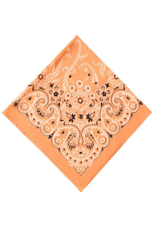 An orange bandana with a classic paisley pattern in cream and black, folded and displayed on a solid white background.