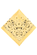 A yellow bandana with a black ornate scroll and floral pattern, displayed flat against a white background.