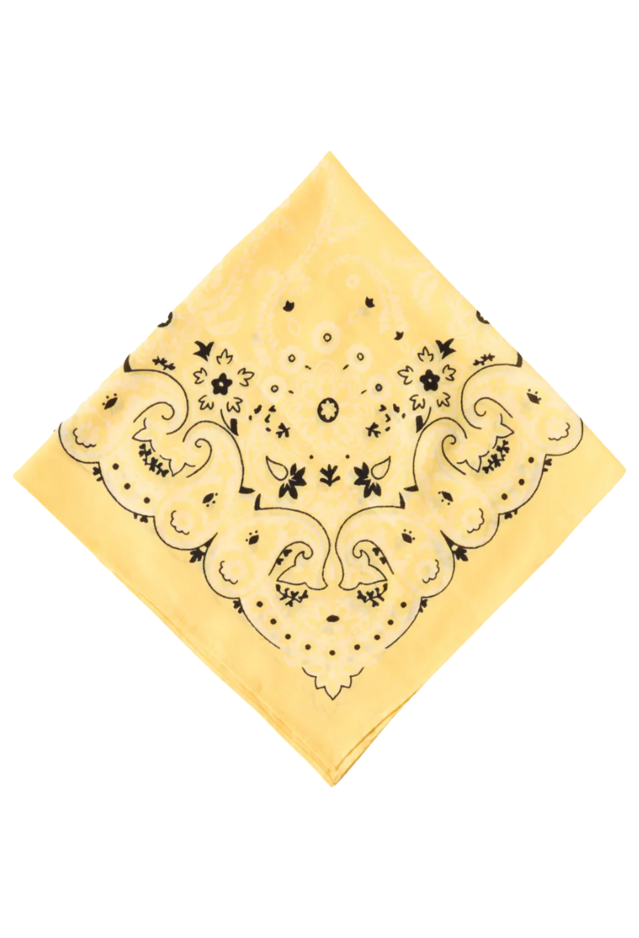 A yellow bandana with a black ornate scroll and floral pattern, displayed flat against a white background.