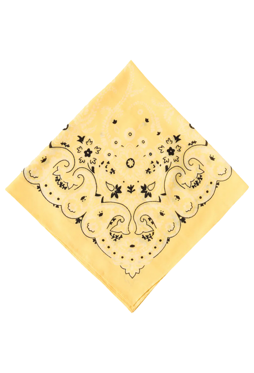 A yellow bandana with a black ornate scroll and floral pattern, displayed flat against a white background.