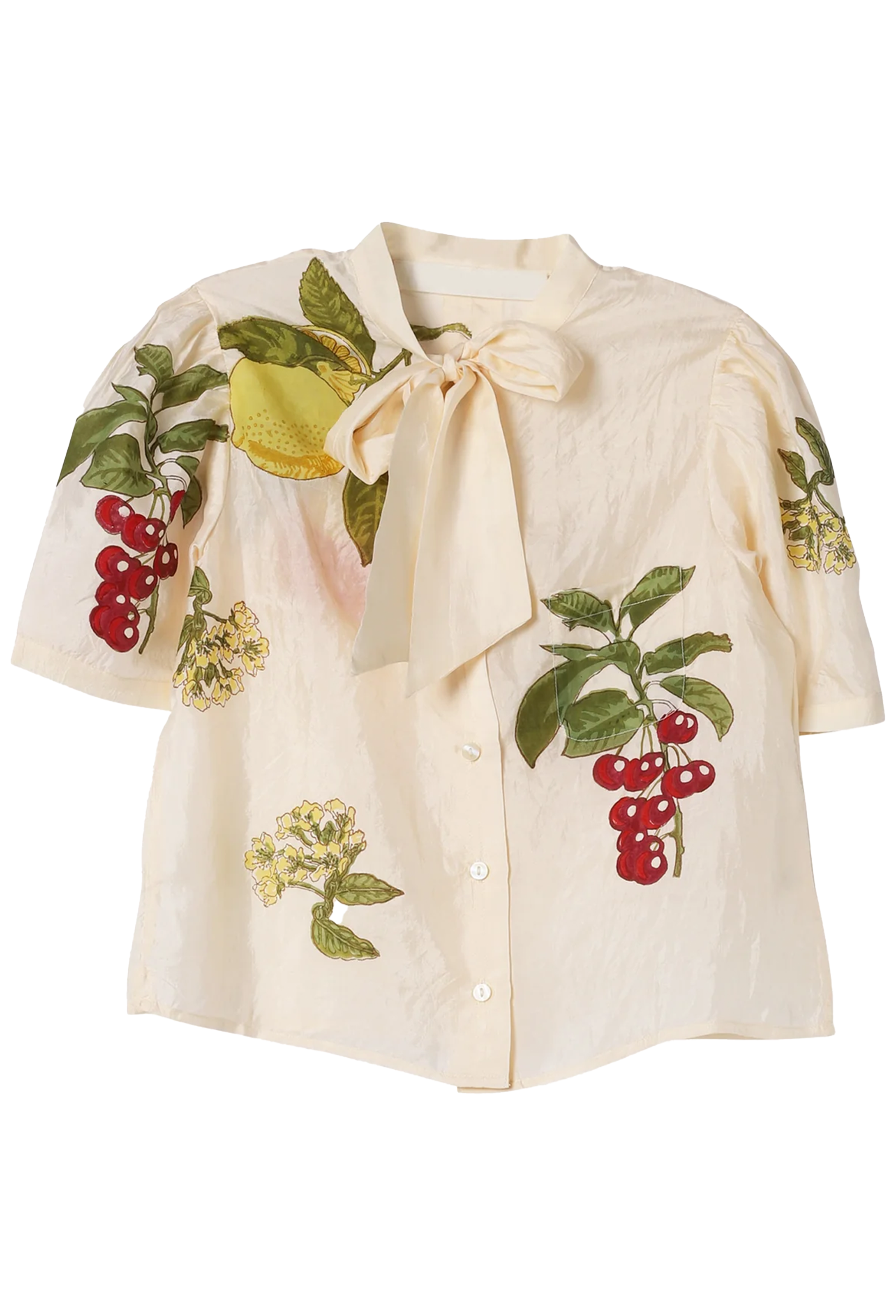 An off-white short-sleeve button-up shirt featuring colorful embroidered fruit and leaf motifs, including red cherries, yellow lemons, and green leaves, with a large bow tie at the collar.
