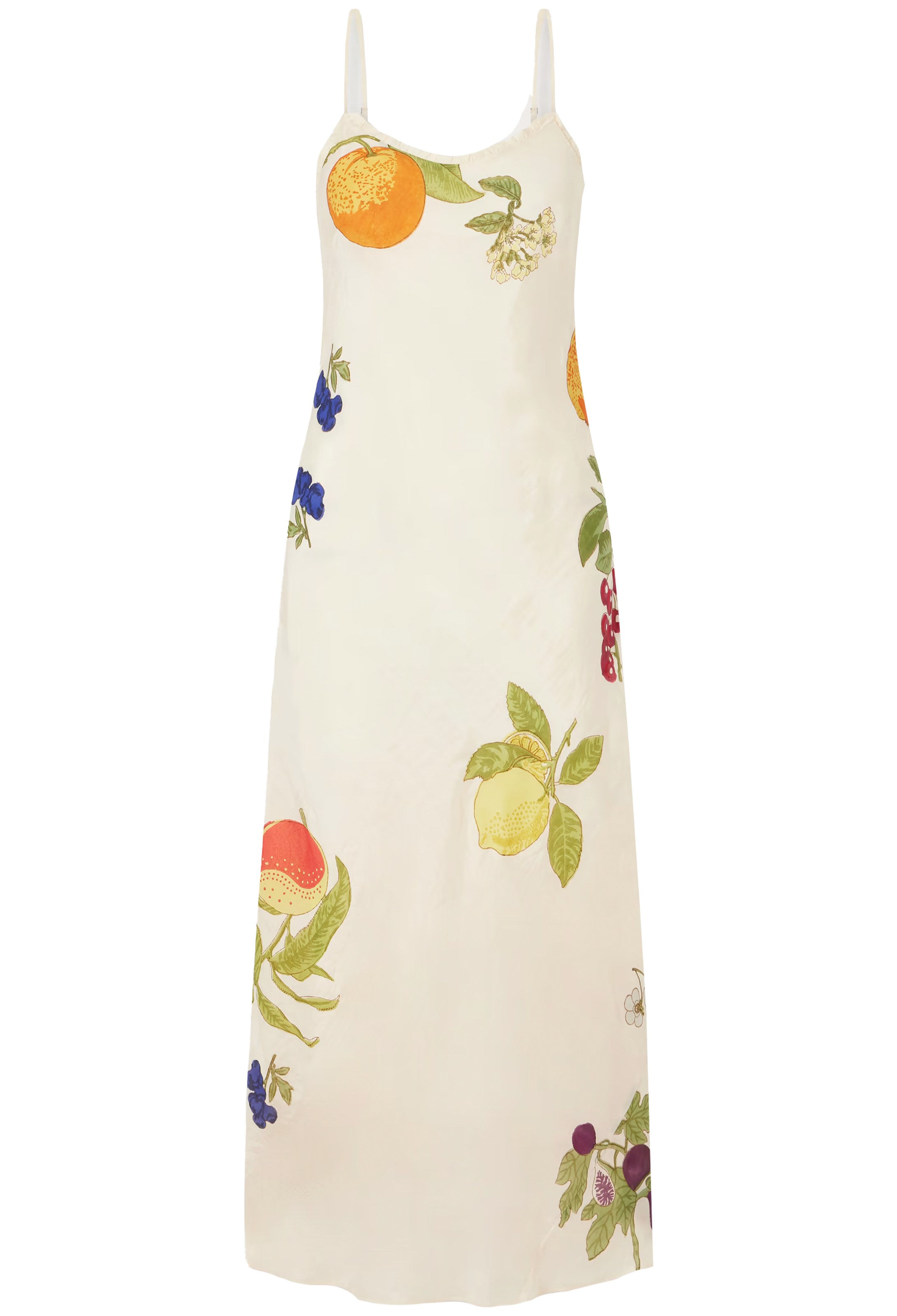 An off-white sleeveless maxi dress with a colorful fruit and floral print, featuring thin shoulder straps, shown against a plain white background.
