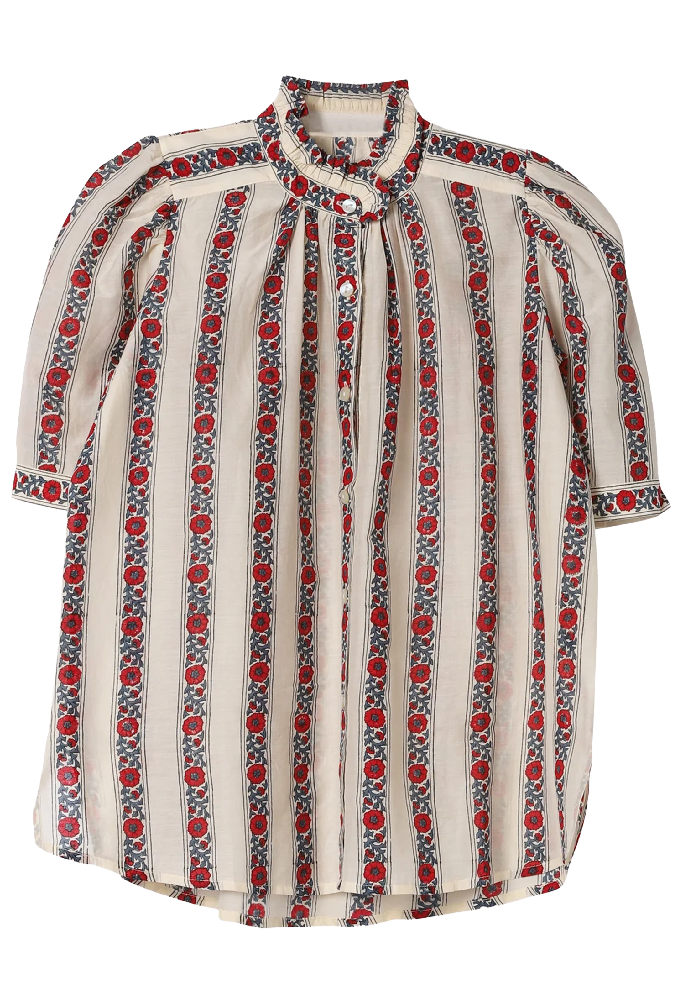 A short-sleeve button-up blouse with vertical stripes of red roses and black-and-white geometric patterns on a cream background.