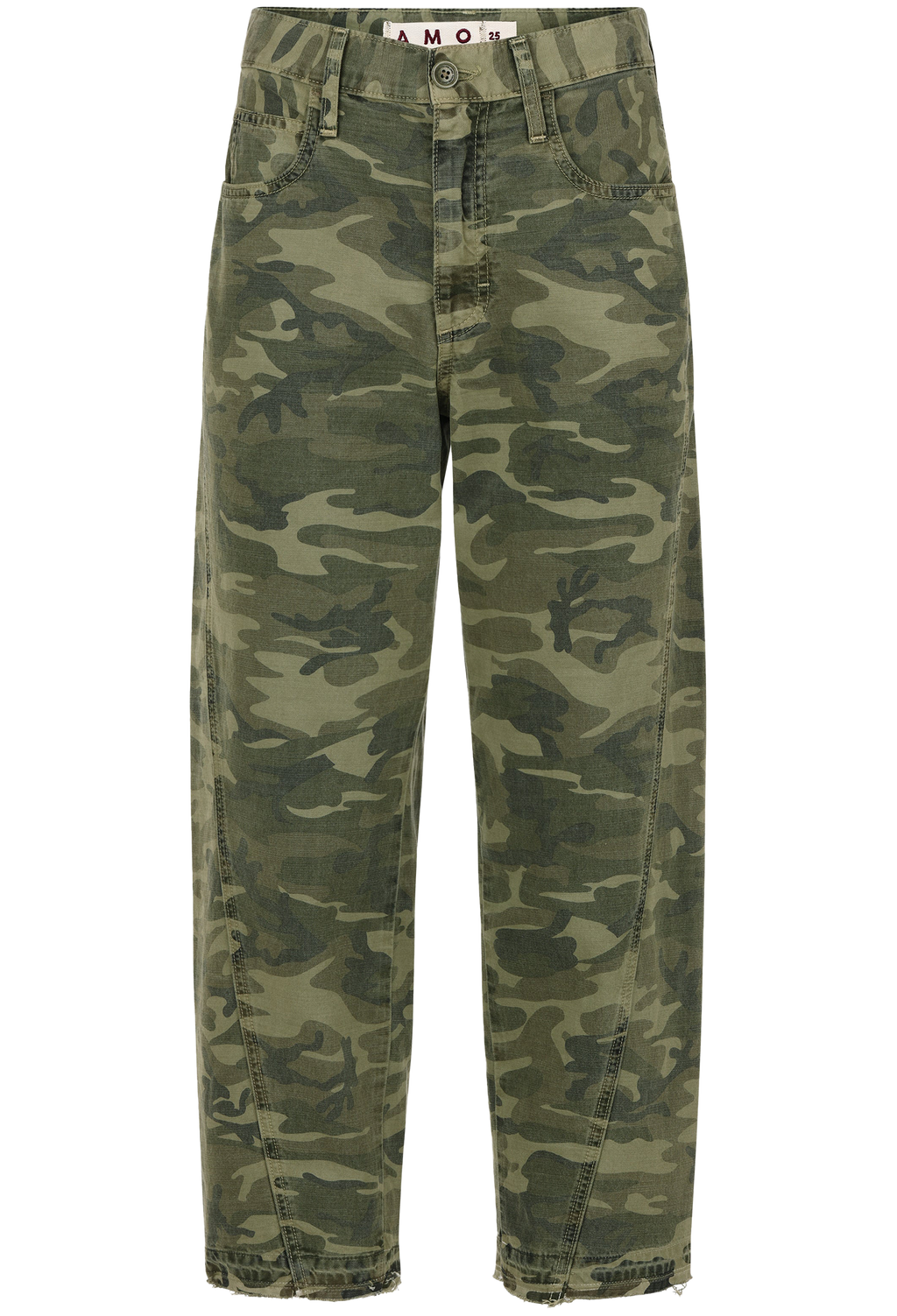 A pair of camouflage pants in shades of green and brown, featuring a high waist and a straight-leg fit, shown against a plain white background.
