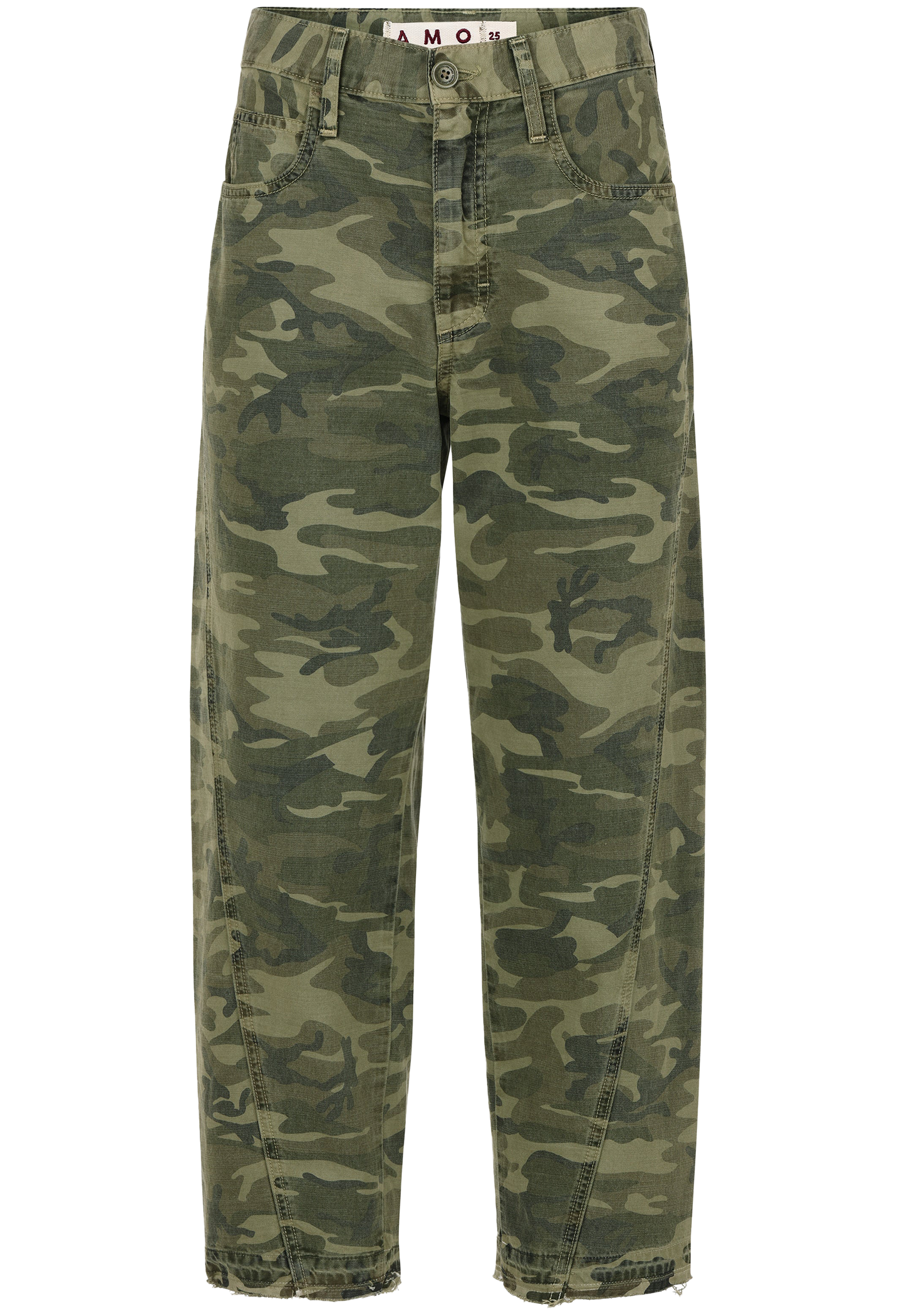 A pair of camouflage pants in shades of green and brown, featuring a high waist and a straight-leg fit, shown against a plain white background.