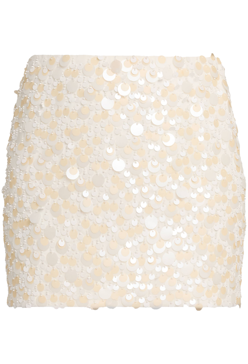 A close-up of a cream-colored sequined skirt featuring flat and round sequins on a plain white background.