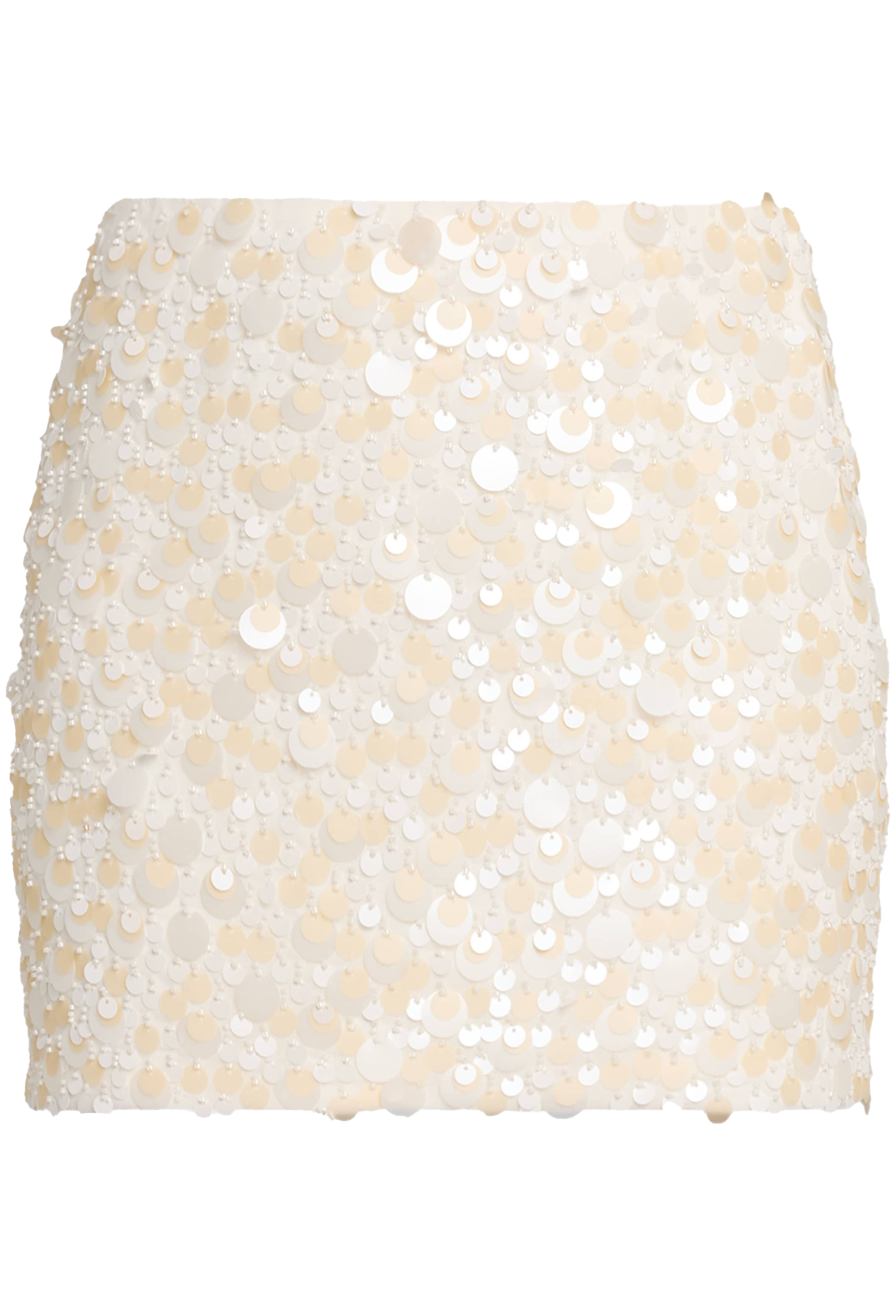 A close-up of a cream-colored sequined skirt featuring flat and round sequins on a plain white background.