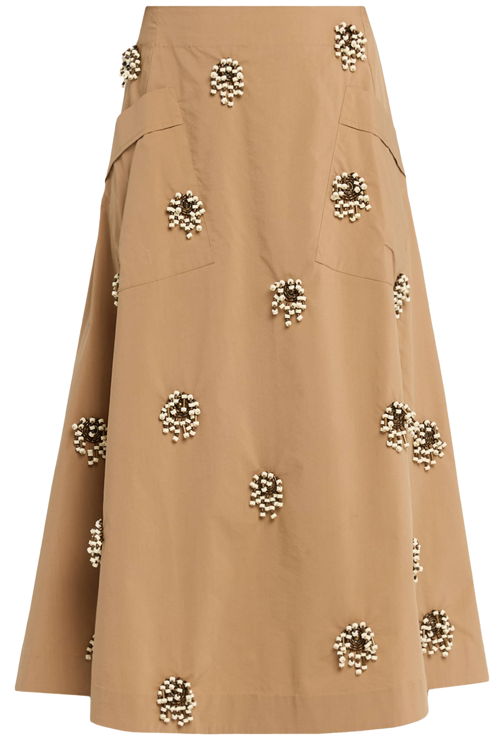 A tan A-line skirt with structured pockets and embellished with multiple circular clusters of white pearls and metallic gold beads.