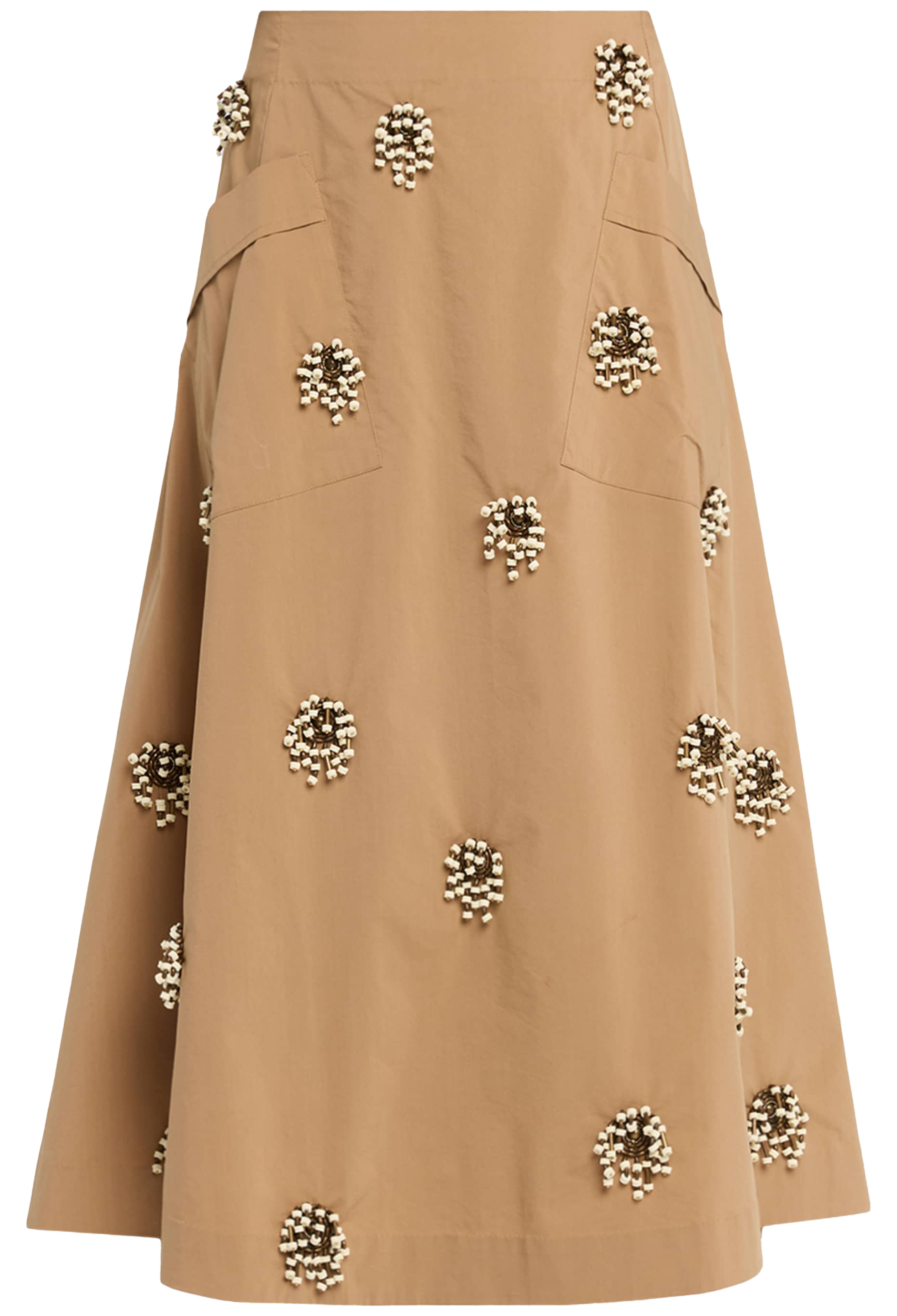 A tan A-line skirt with structured pockets and embellished with multiple circular clusters of white pearls and metallic gold beads.