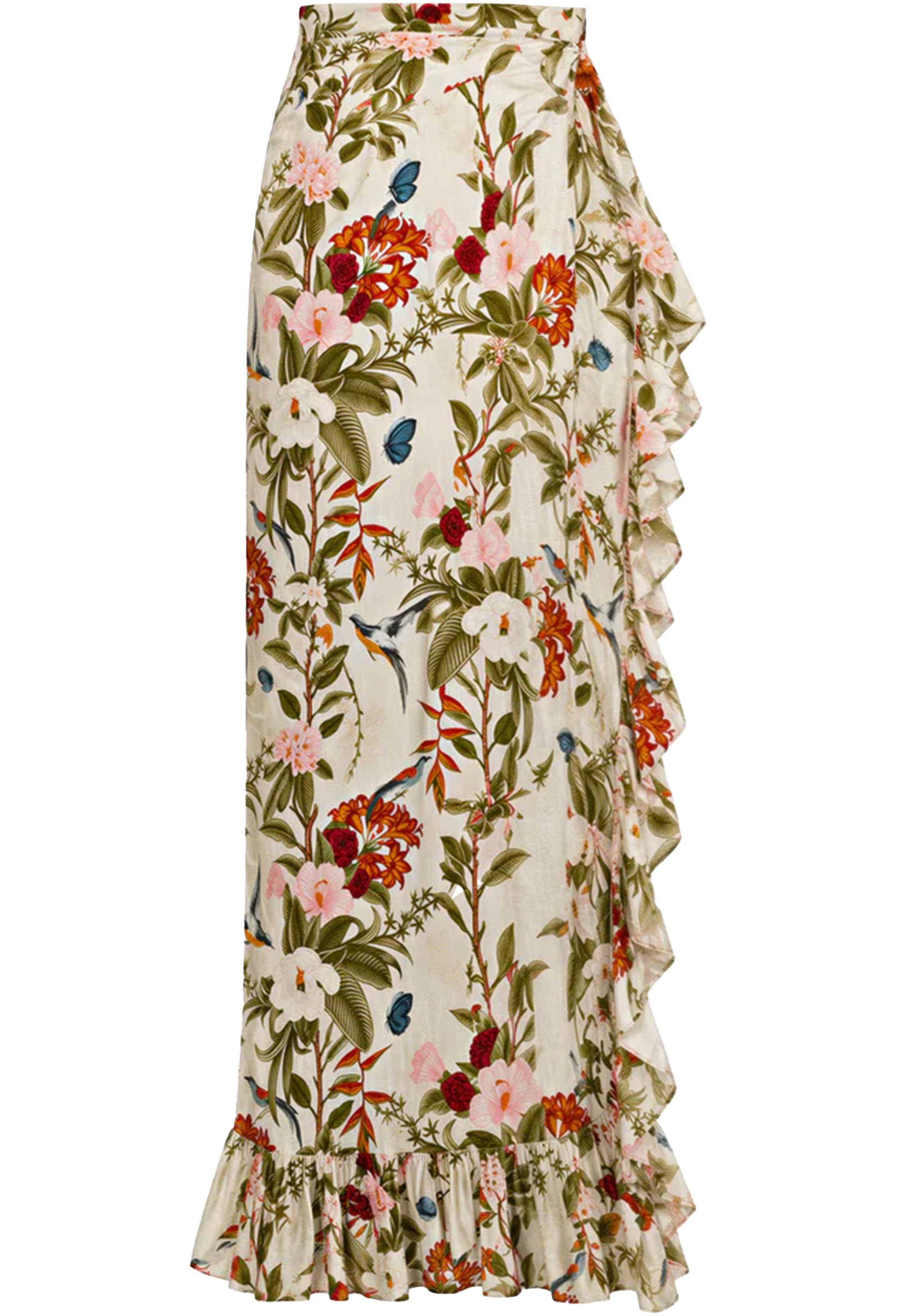 A high-waisted, ruffled maxi skirt with a dense floral and bird print on an off-white base, featuring green leaves, pink and red flowers, and small blue birds.