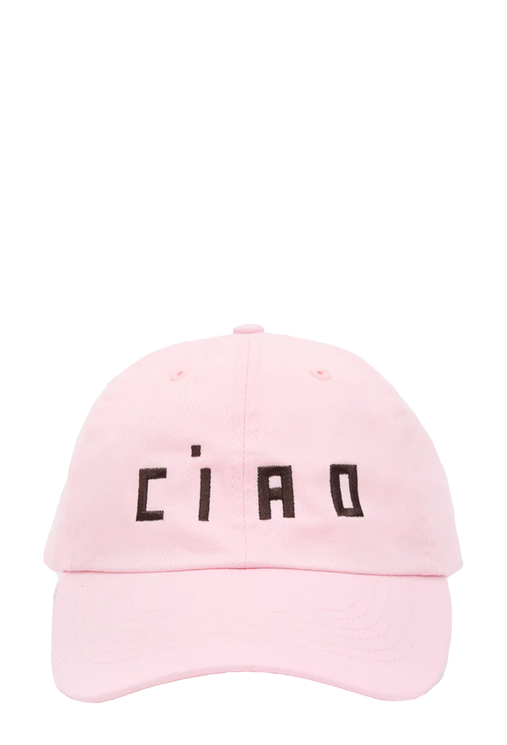 A light pink baseball cap with the word 'CIAO' embroidered in brown block letters across the front, set against a plain white background.