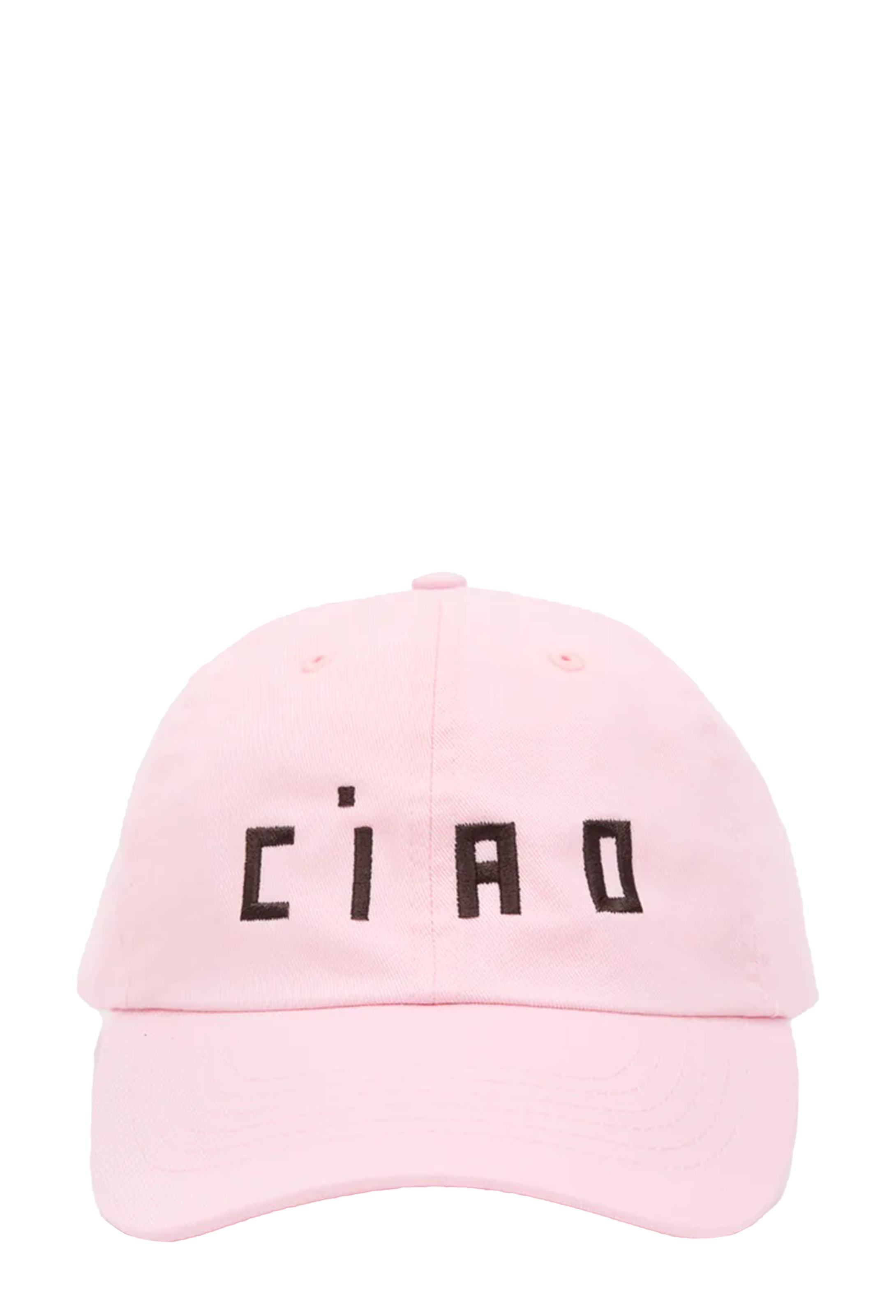 A light pink baseball cap with the word 'CIAO' embroidered in brown block letters across the front, set against a plain white background.