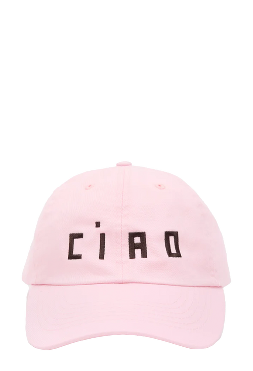 A light pink baseball cap with the word 'CIAO' embroidered in brown block letters across the front, set against a plain white background.