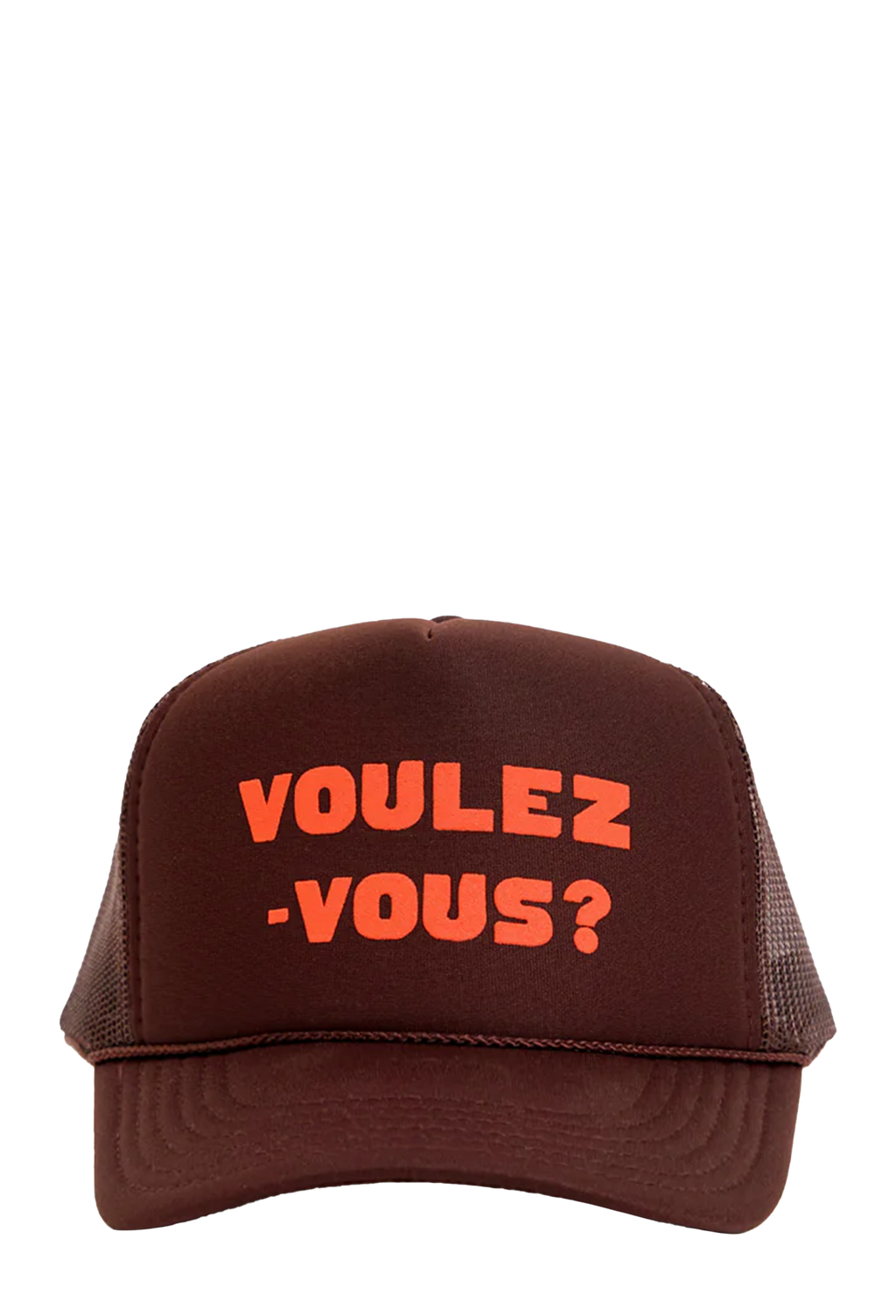 A dark brown trucker hat with orange text on the front reading 'VOULEZ -VOUS?' on a plain white background.