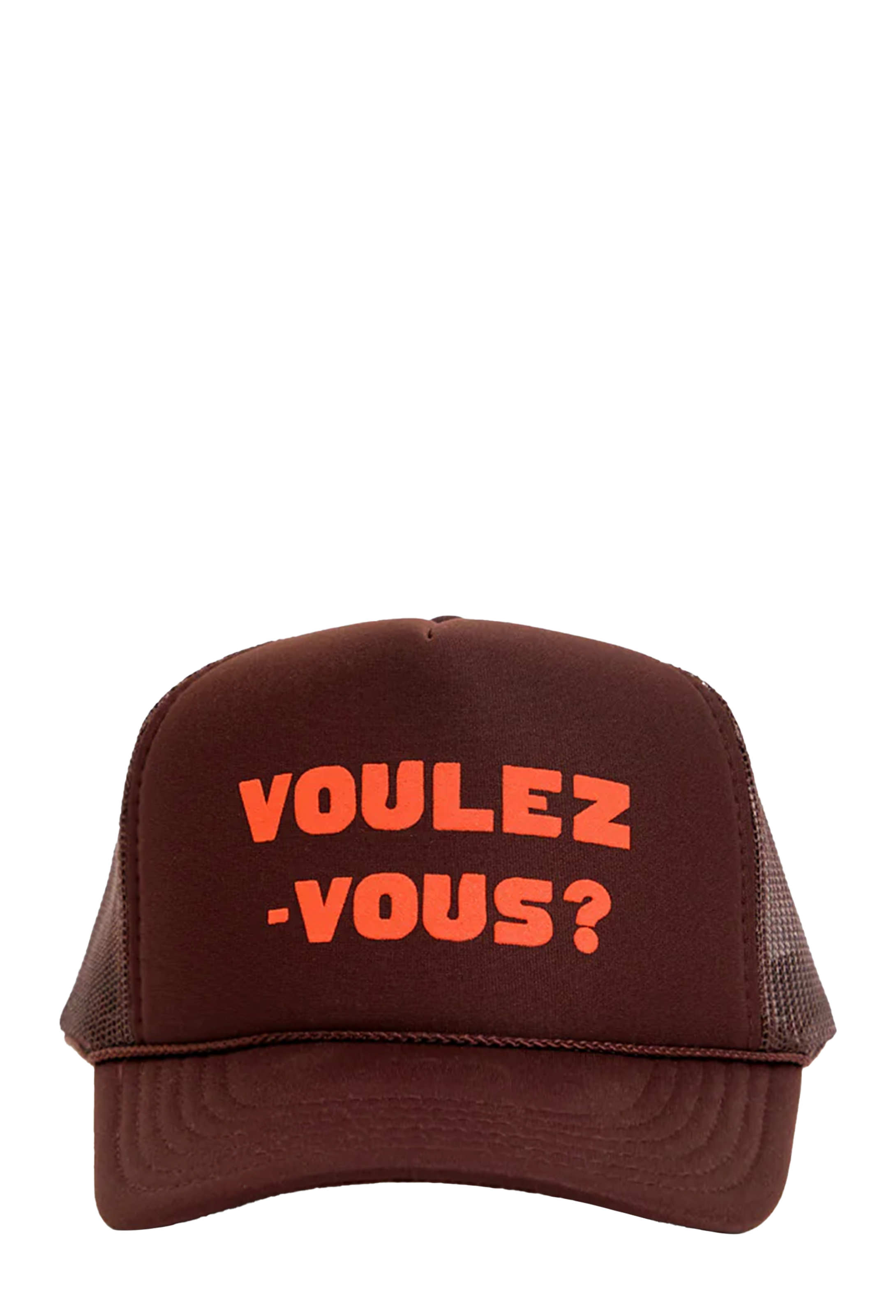 A dark brown trucker hat with orange text on the front reading 'VOULEZ -VOUS?' on a plain white background.