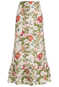 A high-waisted, long maxi skirt with a ruffled hem, featuring a vibrant botanical and bird print on a cream-colored base. The pattern includes pink and white flowers, green leaves, and small blue birds.