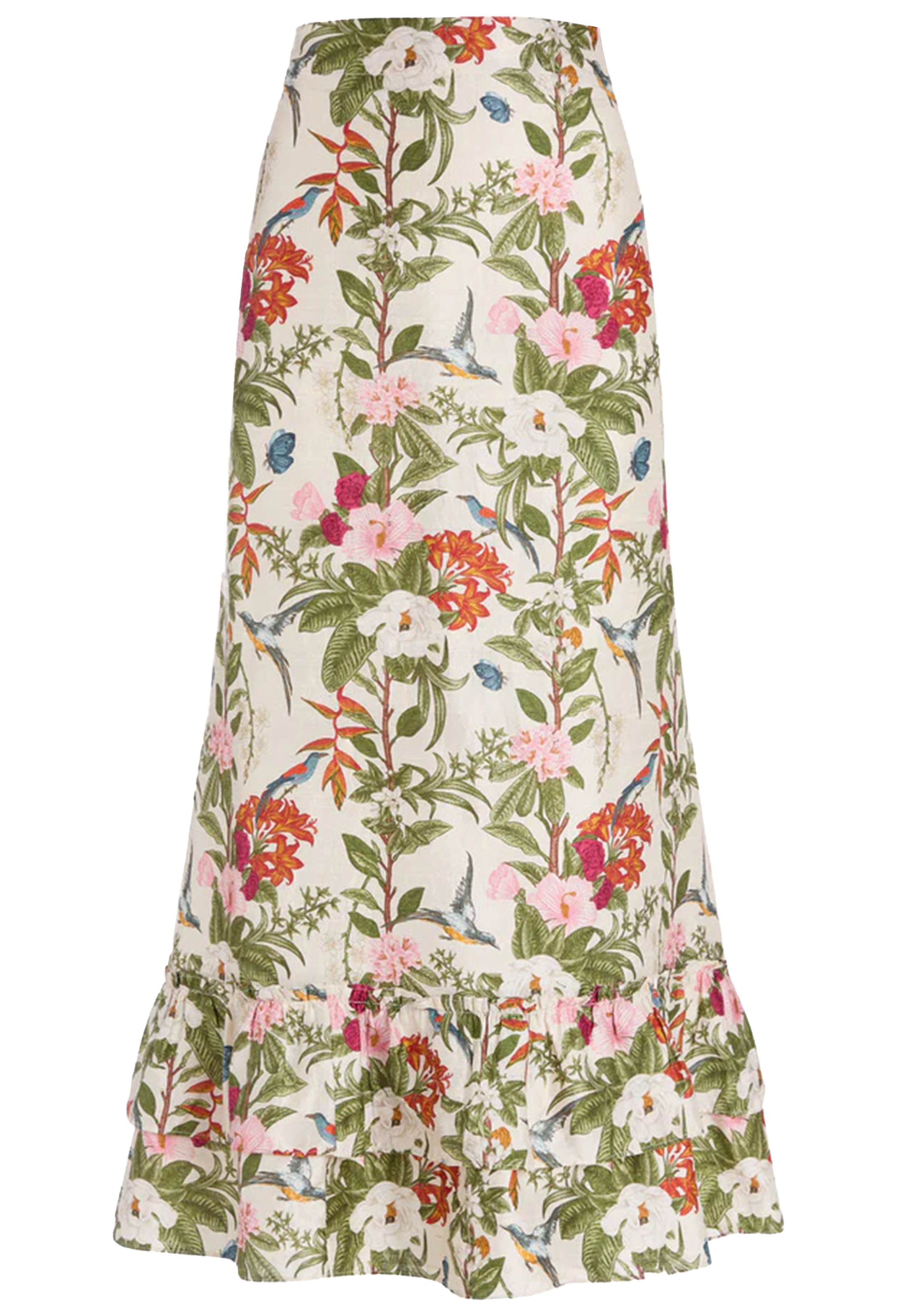 A high-waisted, long maxi skirt with a ruffled hem, featuring a vibrant botanical and bird print on a cream-colored base. The pattern includes pink and white flowers, green leaves, and small blue birds.