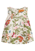 A sleeveless cream-colored tank featuring a vibrant tropical floral and bird print, displayed against a solid white background.