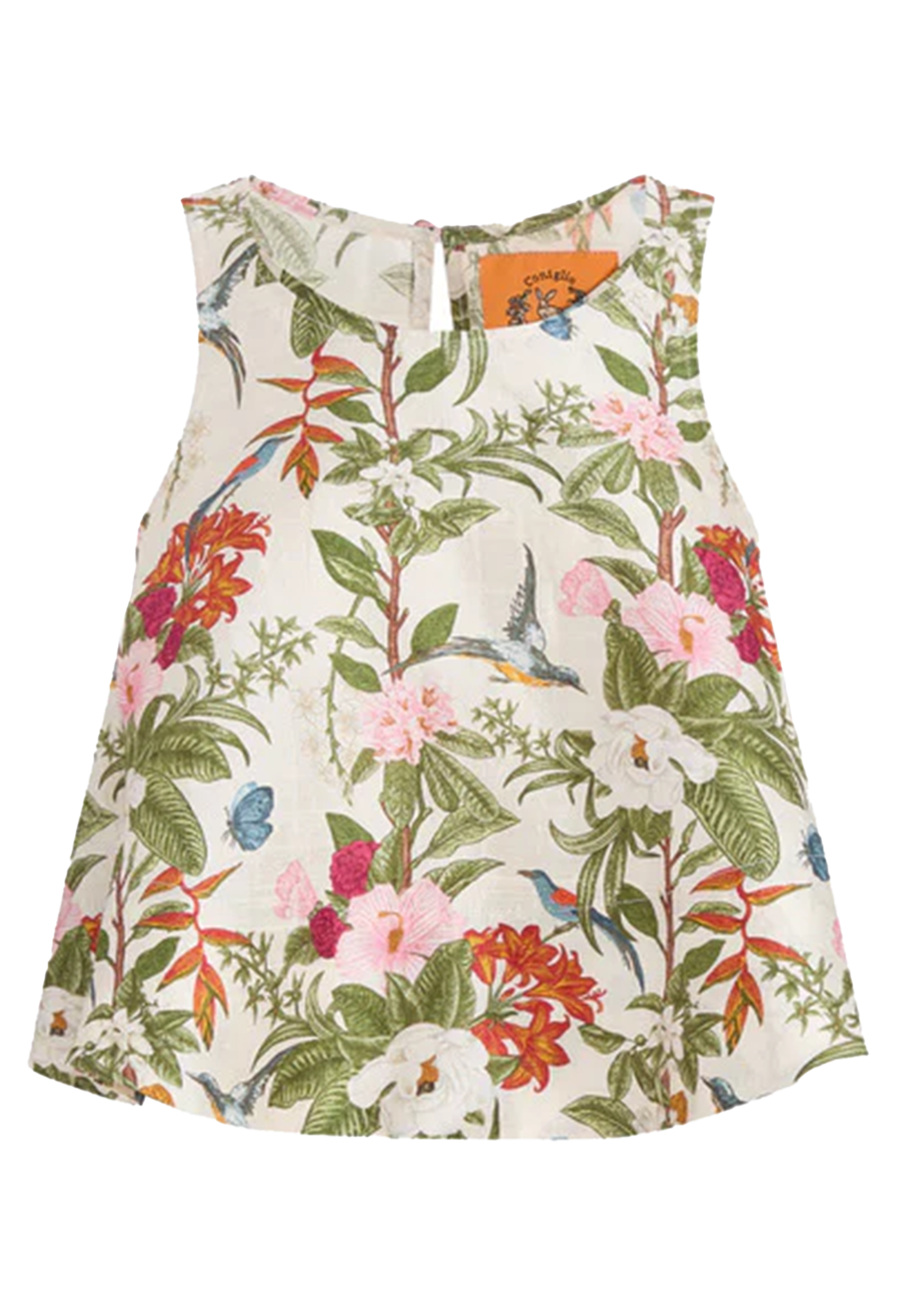 A sleeveless cream-colored tank featuring a vibrant tropical floral and bird print, displayed against a solid white background.