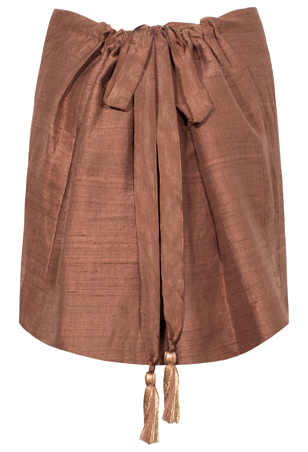A brown textured fabric wrap skirt with a drawstring waist and tassel ties, shown against a plain white background.
