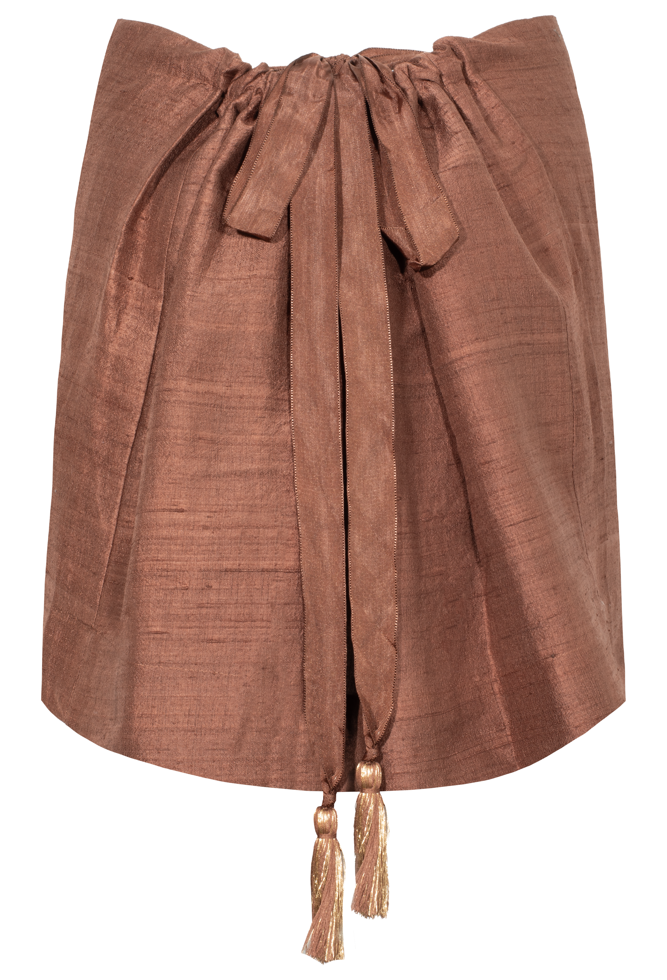 A brown textured fabric wrap skirt with a drawstring waist and tassel ties, shown against a plain white background.