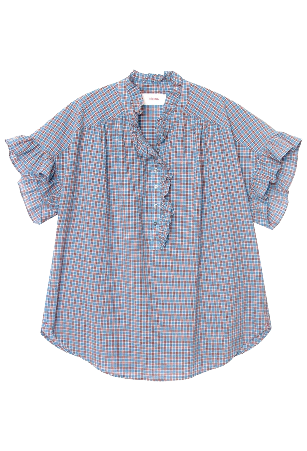 A short-sleeve button-up blouse with a blue gingham check pattern, featuring ruffled trim along the split neckline and sleeves, displayed flat against a white background.