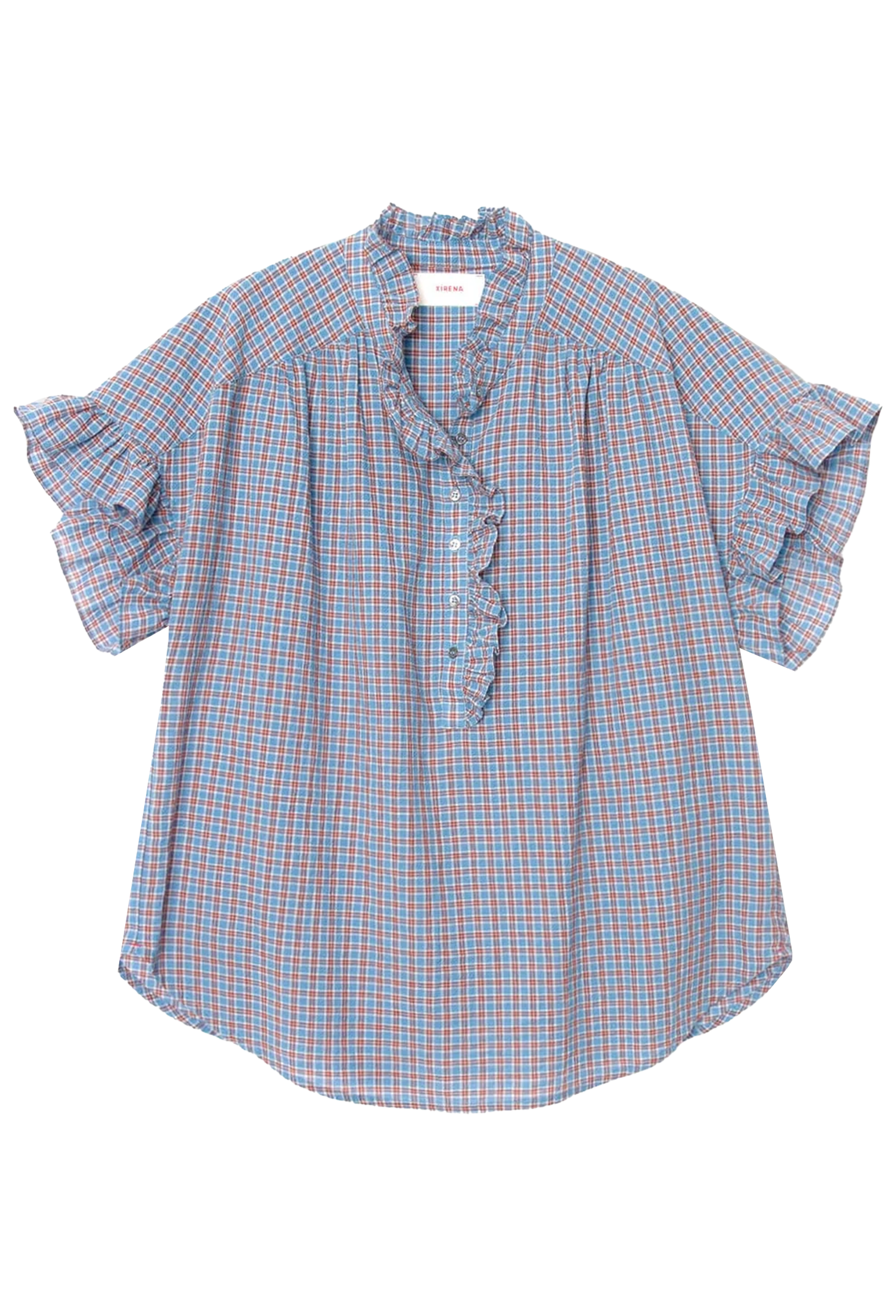 A short-sleeve button-up blouse with a blue gingham check pattern, featuring ruffled trim along the split neckline and sleeves, displayed flat against a white background.
