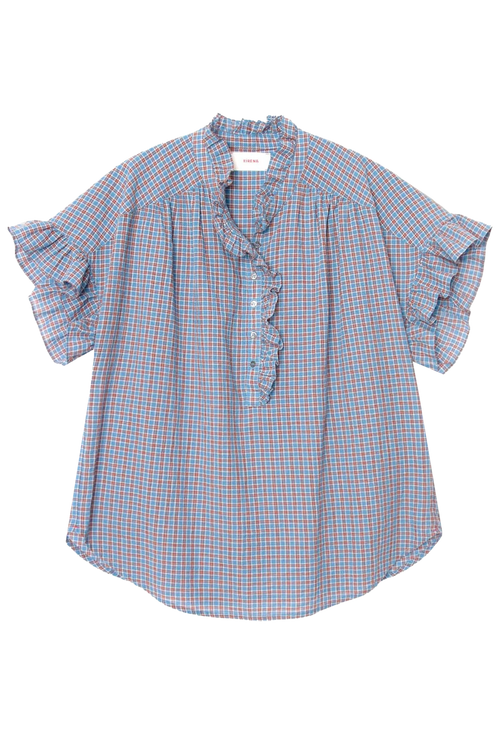 A short-sleeve button-up blouse with a blue gingham check pattern, featuring ruffled trim along the split neckline and sleeves, displayed flat against a white background.