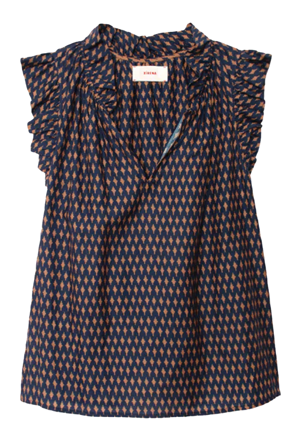 A sleeveless wrap-style blouse with ruffled shoulders and a repeating geometric pattern in navy blue, beige, and brown, shown against a plain white background.
