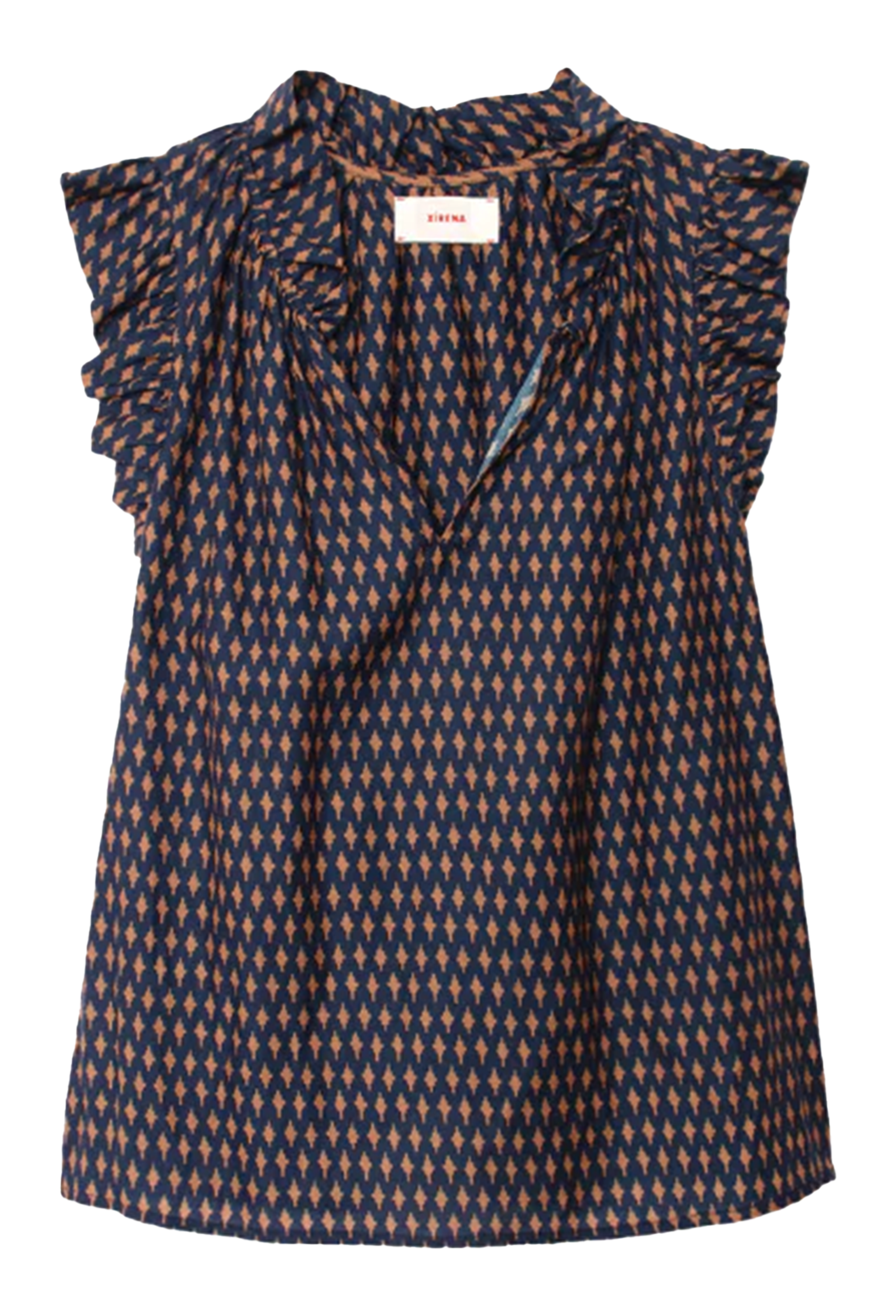 A sleeveless wrap-style blouse with ruffled shoulders and a repeating geometric pattern in navy blue, beige, and brown, shown against a plain white background.