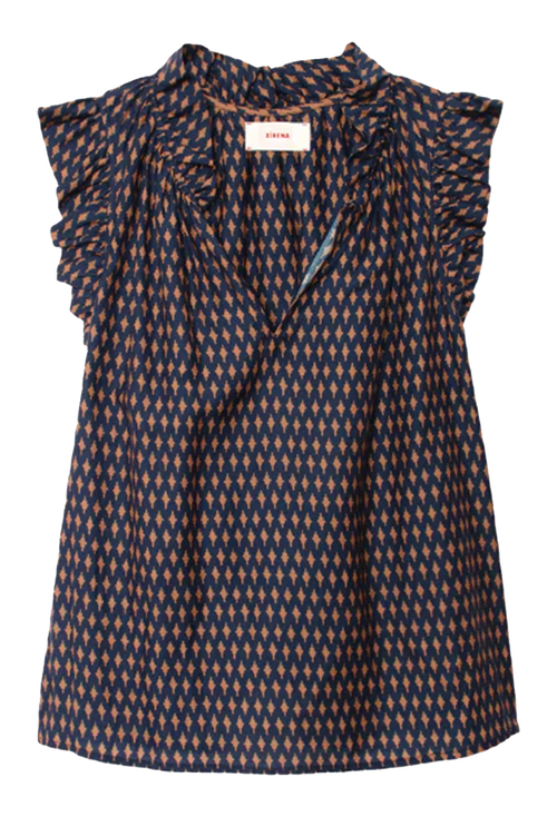 A sleeveless wrap-style blouse with ruffled shoulders and a repeating geometric pattern in navy blue, beige, and brown, shown against a plain white background.