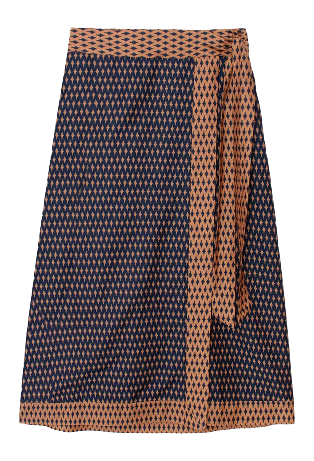 A navy blue skirt with a repeating small geometric pattern in beige and orange, featuring a matching orange waistband and tie belt, shown against a plain white background.