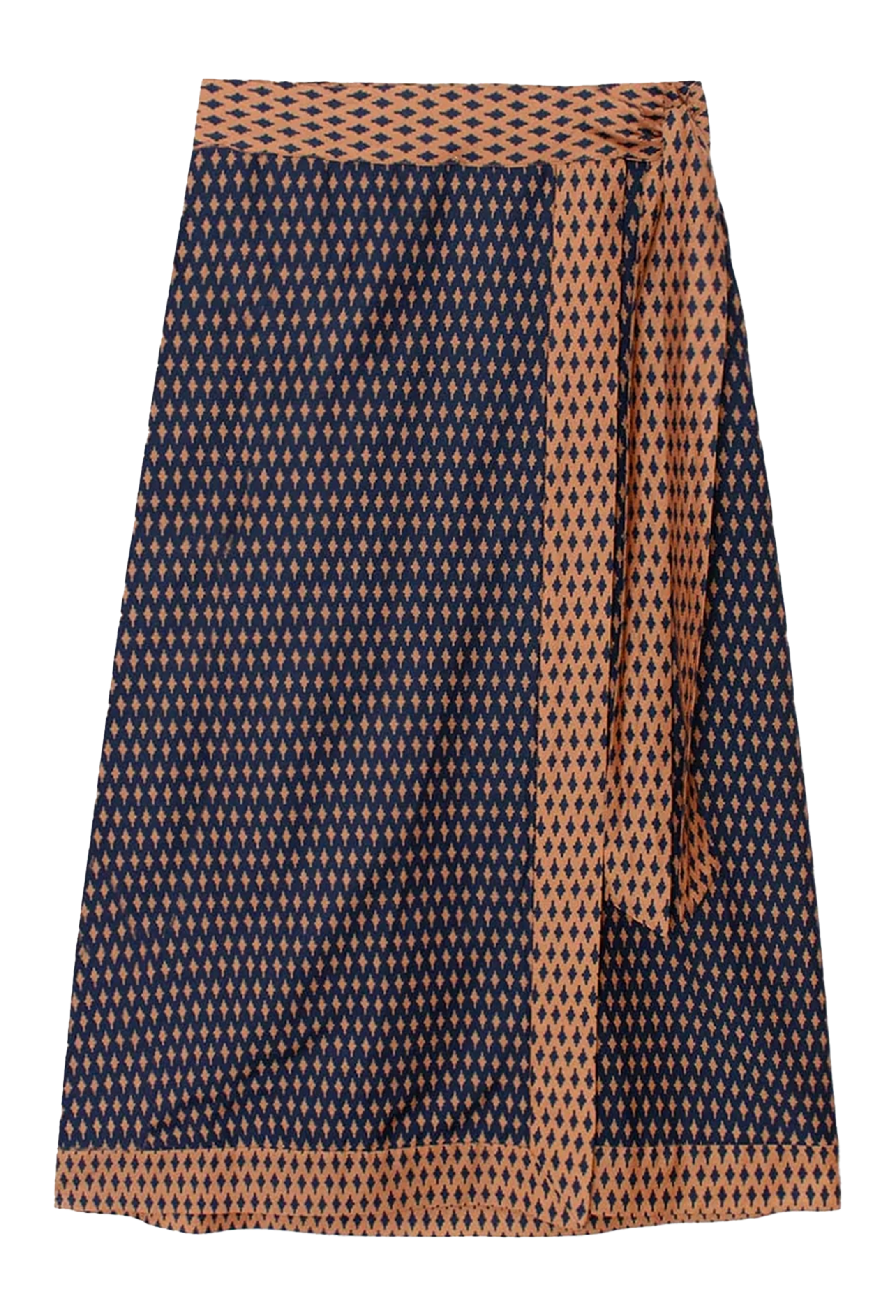 A navy blue skirt with a repeating small geometric pattern in beige and orange, featuring a matching orange waistband and tie belt, shown against a plain white background.