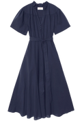 A navy blue midi dress with short puff sleeves, a gathered V-neckline with button details, and a matching fabric tie belt at the waist, shown against a plain white background.