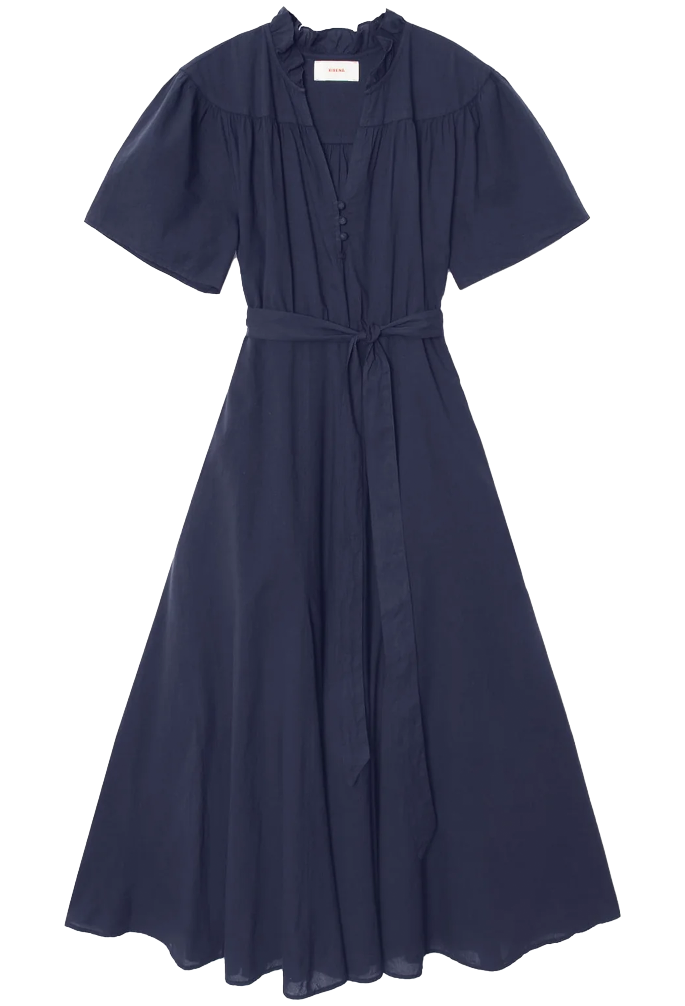 A navy blue midi dress with short puff sleeves, a gathered V-neckline with button details, and a matching fabric tie belt at the waist, shown against a plain white background.