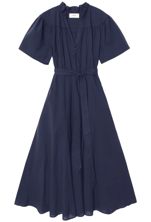 A navy blue midi dress with short puff sleeves, a gathered V-neckline with button details, and a matching fabric tie belt at the waist, shown against a plain white background.